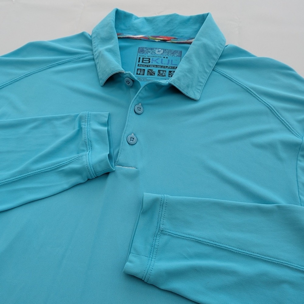 IBKUL IceFil Polo Shirt Men's‎ L Blue Long Sleeve Golf Performance Stretch UPF